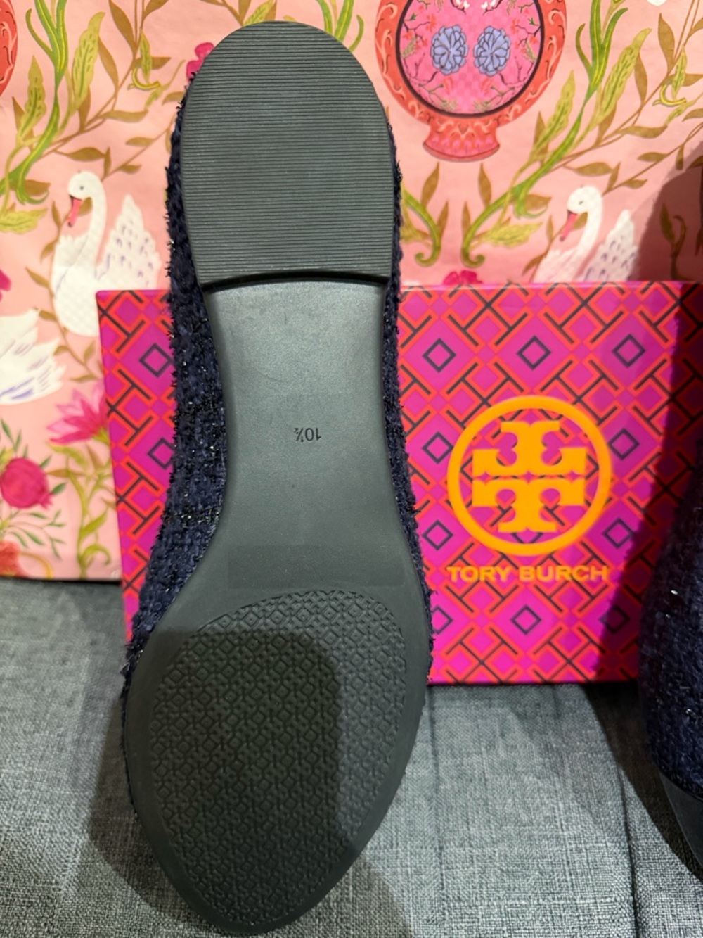 Tory Burch Navy Tweed Ballet Flats with Black Logo Cap Toe - Picture 3 of 3